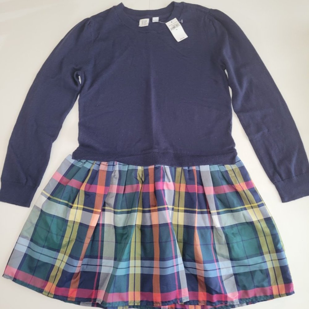 Navy Blue Sweater Dress with Plaid Skirt - SIZE XL